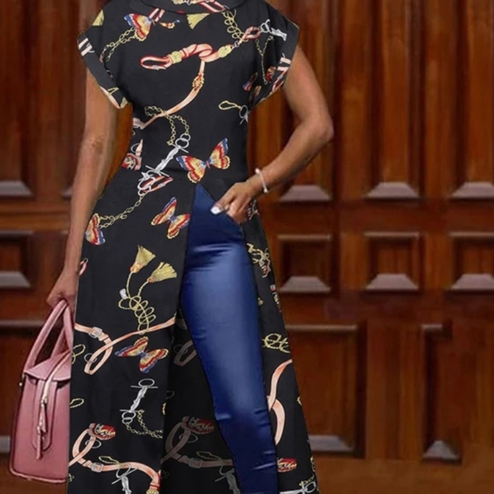 Women Round Neck Short Sleeve Top Long Top slit Fashion